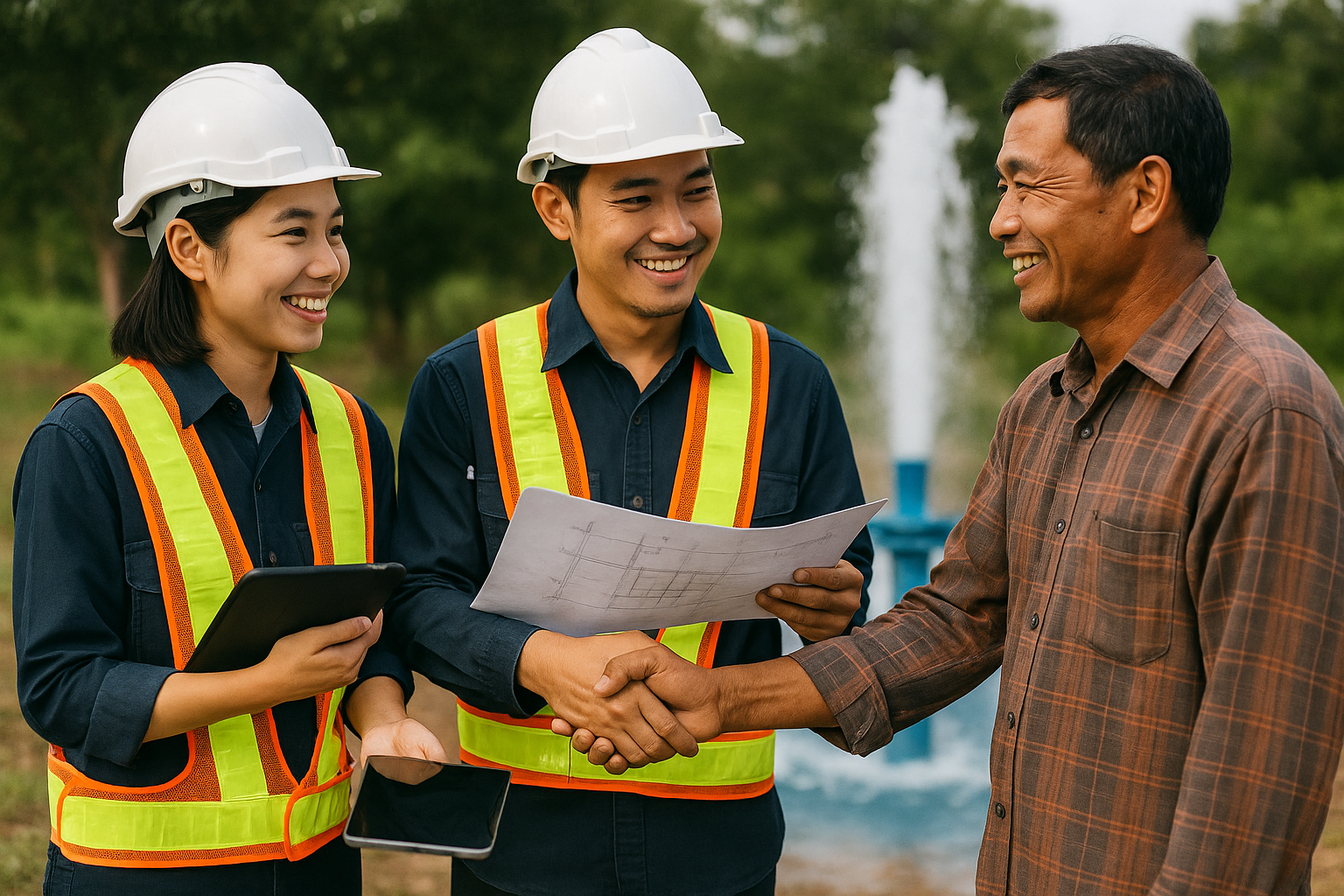 ทีมวิศวกรบาดาลไทยกำลังตรวจสอบงานเจาะบ่อบาดาลที่เสร็จสมบูรณ์ร่วมกับลูกค้า