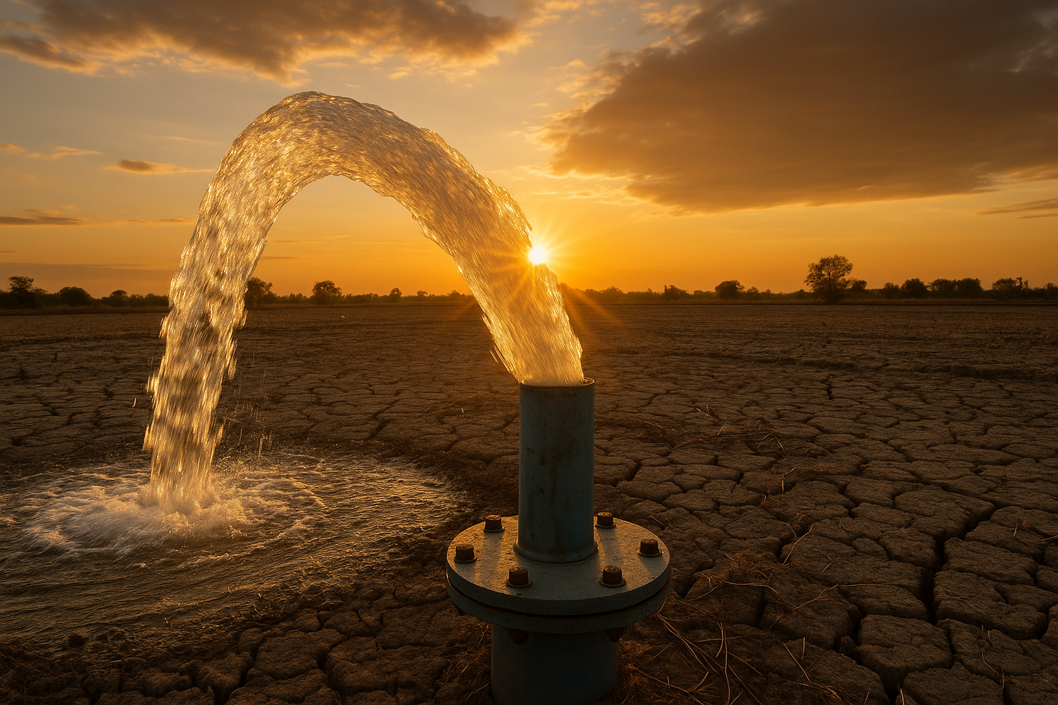 น้ำบาดาลปริมาณมากพุ่งออกจากบ่อที่เจาะใหม่ในพื้นที่เกษตร แสดงถึงความสำเร็จในการหาแหล่งน้ำ